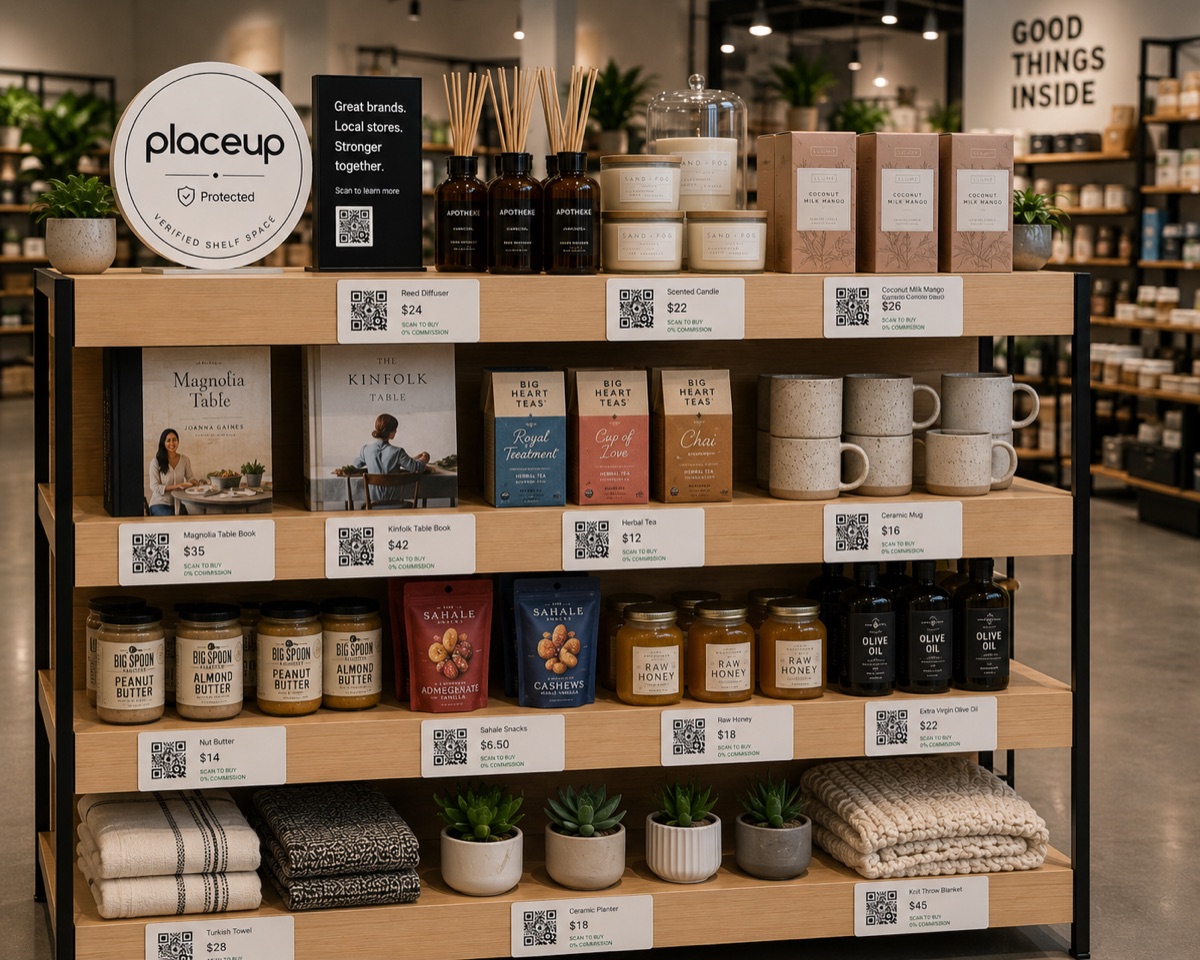 A PlaceUp protected shelf with QR labels in a boutique store